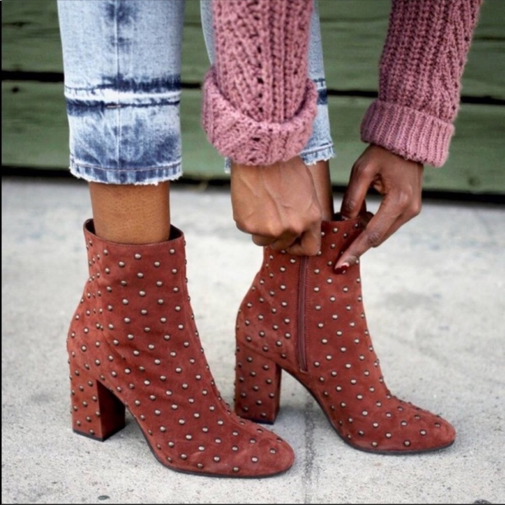 Rust Boho Edgy Metal Studs Block Heel Ankle Boots - Picture 2 of 4